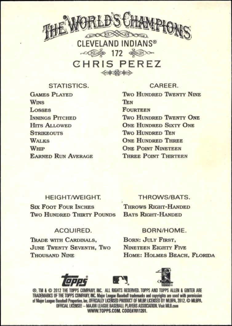2012 Topps Allen & Ginter Chris Perez #172 baseball trading card back
