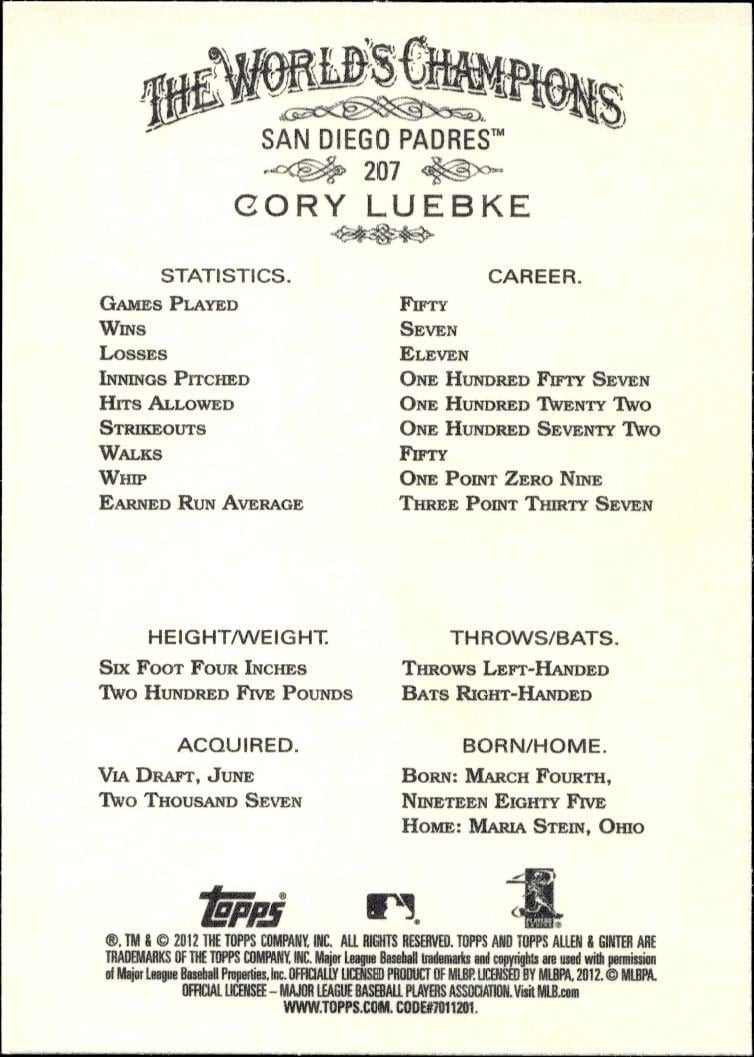 2012 Topps Allen & Ginter Cory Luebke #207 baseball trading card back
