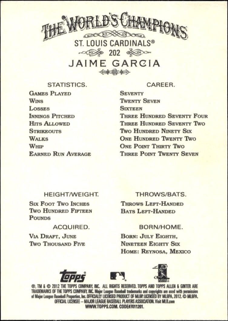 2012 Topps Allen & Ginter Jaime Garcia #202 baseball trading card back