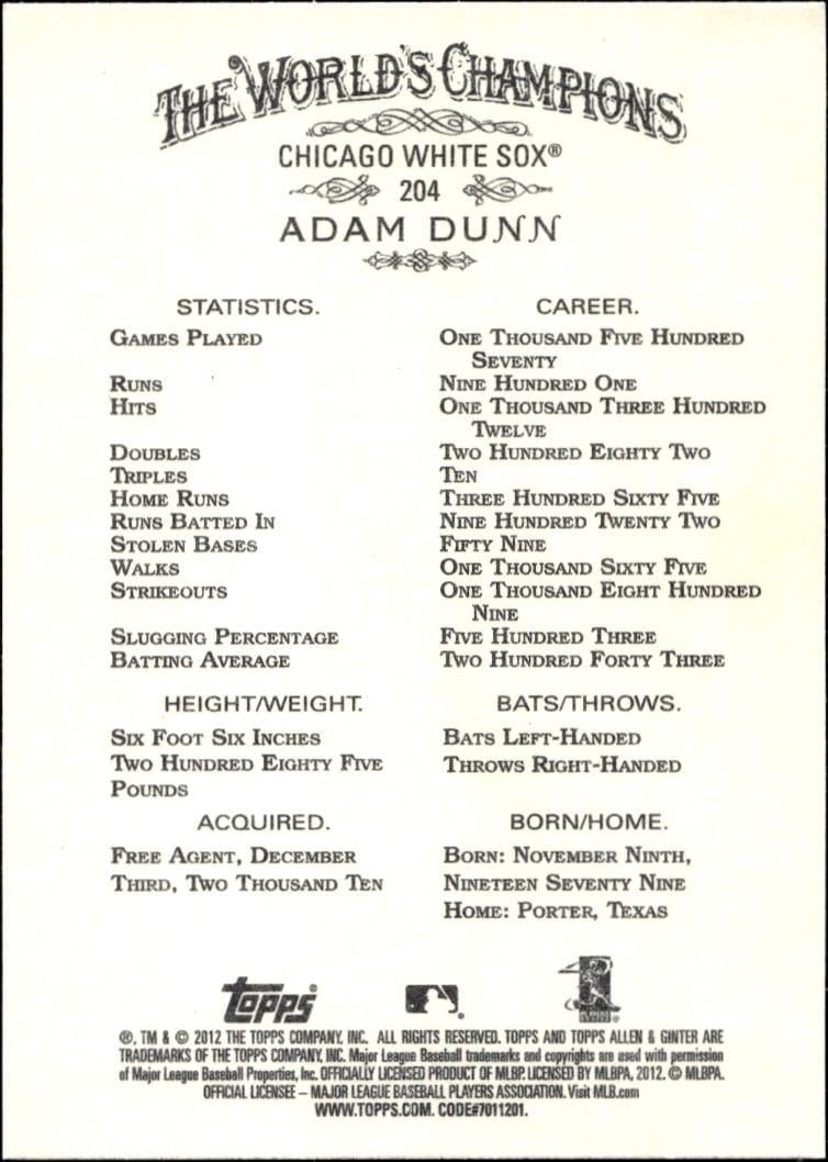 2012 Topps Allen & Ginter Adam Dunn #204 baseball trading card back