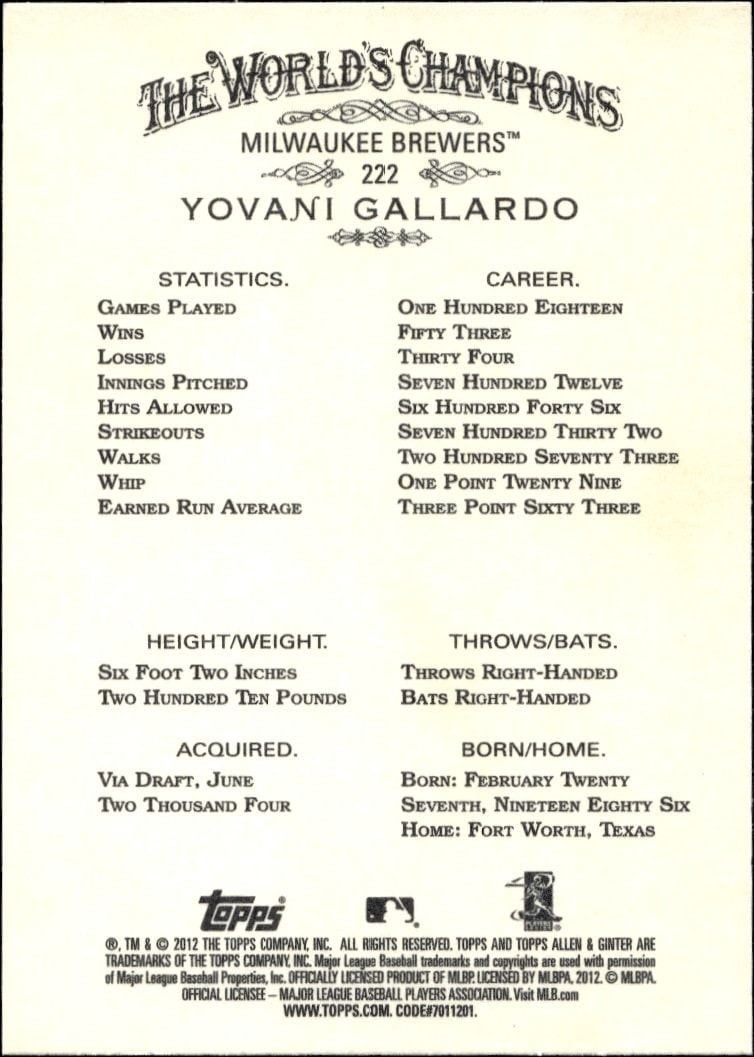 2012 Topps Allen & Ginter Yovani Gallardo #222 baseball trading card back