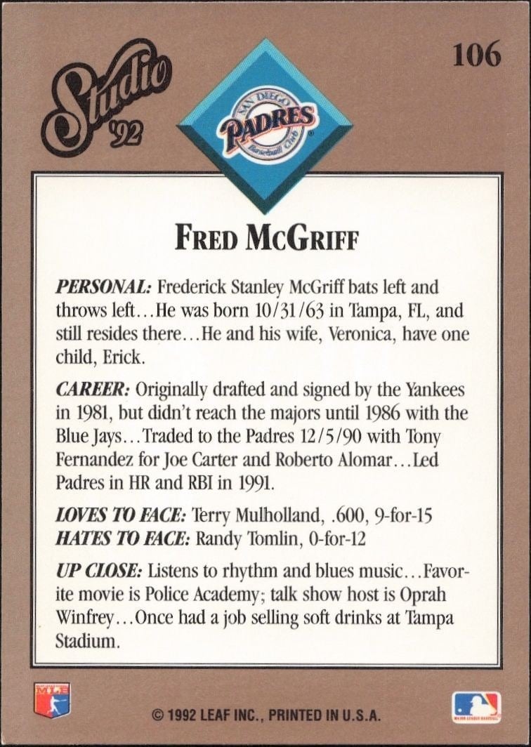 1992 Leaf Studio Fred McGriff #106 baseball trading card back
