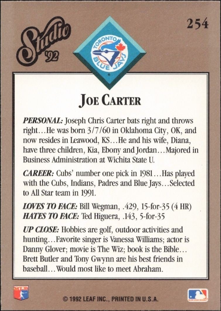 1992 Leaf Studio Joe Carter #254 baseball trading card back