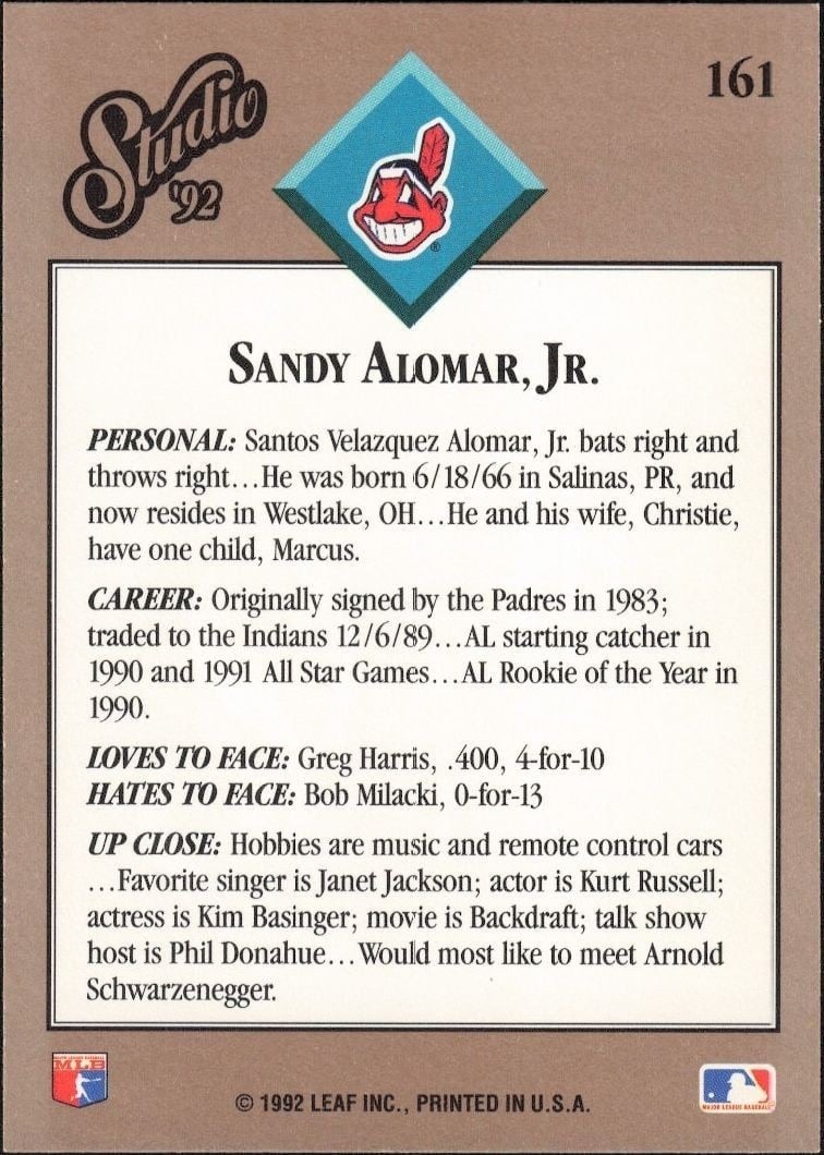 1992 Leaf Studio Sandy Alomar, Jr. #161 baseball trading card back