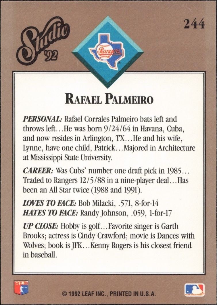 1992 Leaf Studio Rafael Palmeiro #244 baseball trading card back