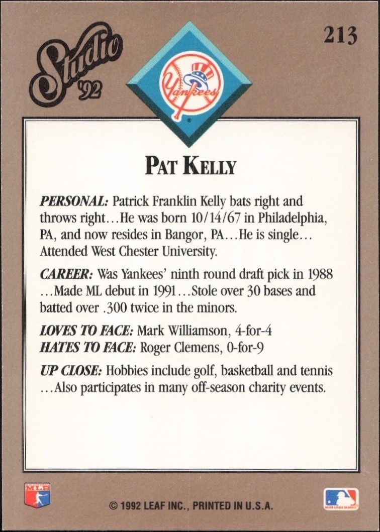 1992 Leaf Studio Pat Kelly #213 baseball trading card back