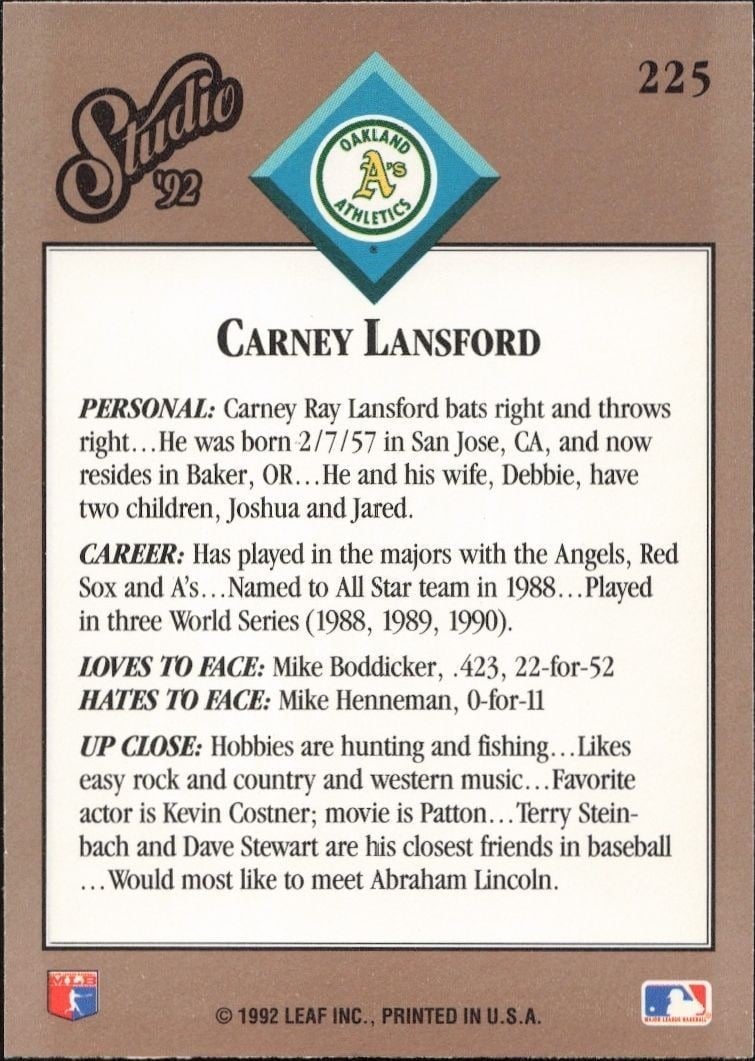 1992 Leaf Studio Carney Lansford #225 baseball trading card back