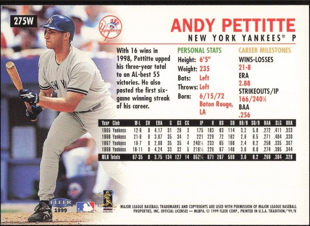 1999 Fleer Andy Pettitte #275W baseball trading card back