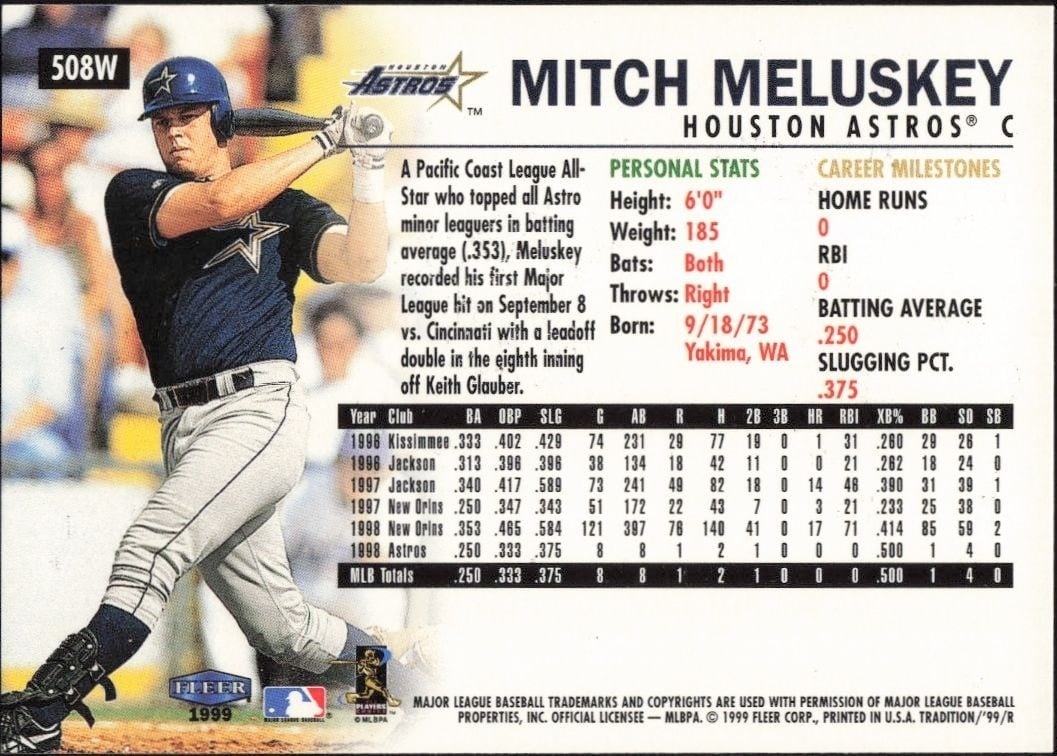 1999 Fleer Mitch Meluskey #508W baseball trading card back