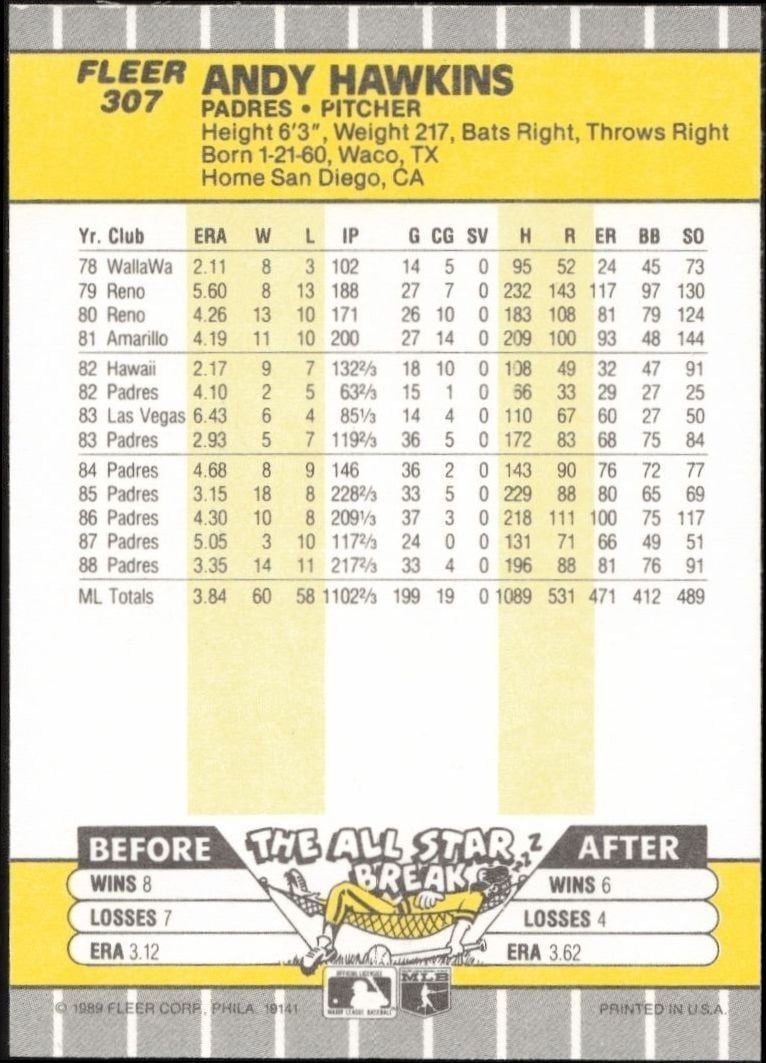 1989 Fleer Andy Hawkins #307 baseball trading card back