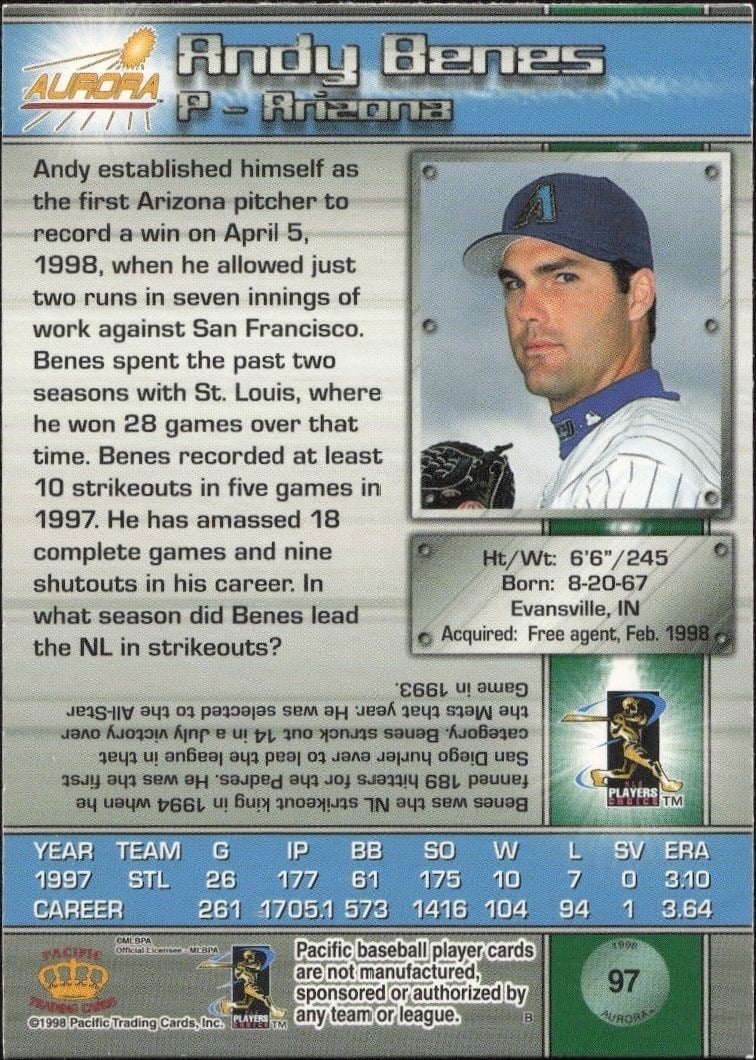 1998 Pacific Aurora Andy Benes #97 baseball trading card back