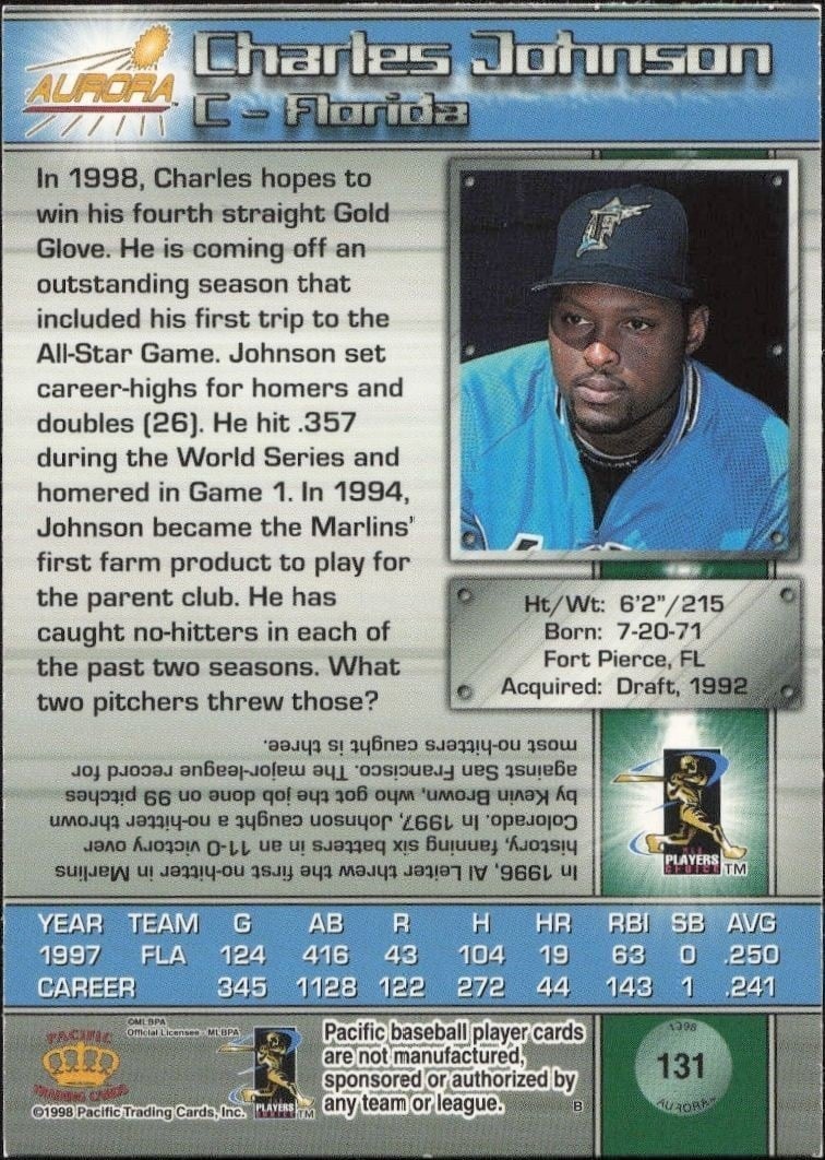 1998 Pacific Aurora Charles Johnson #131 baseball trading card back