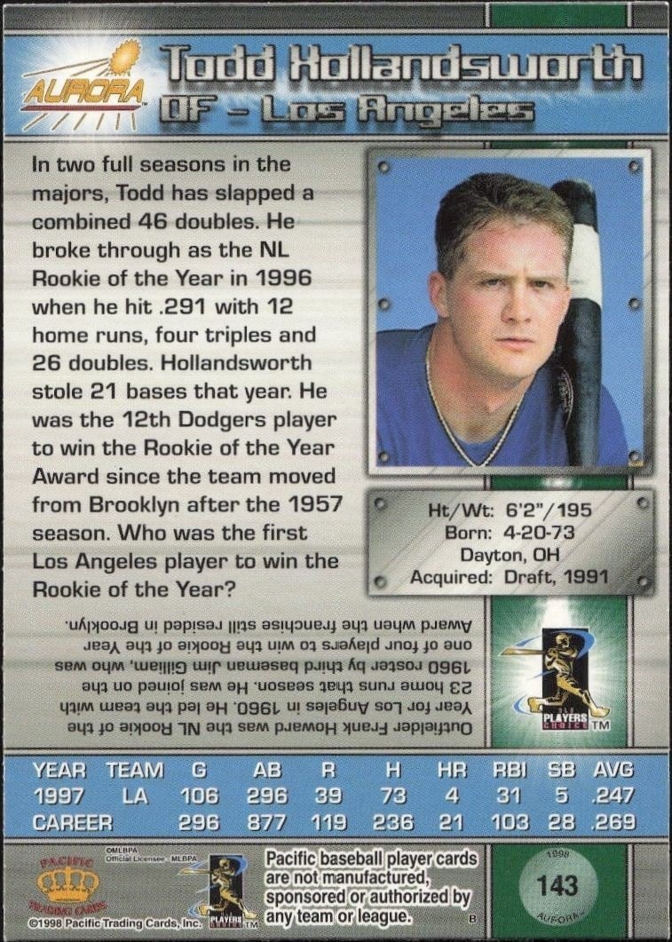 1998 Pacific Aurora Todd Hollandsworth #143 baseball trading card back