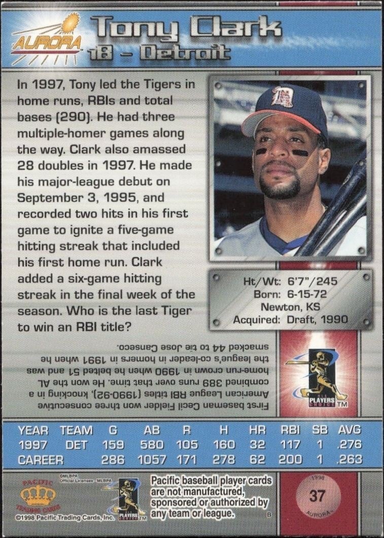 1998 Pacific Aurora Tony Clark #37 baseball trading card back