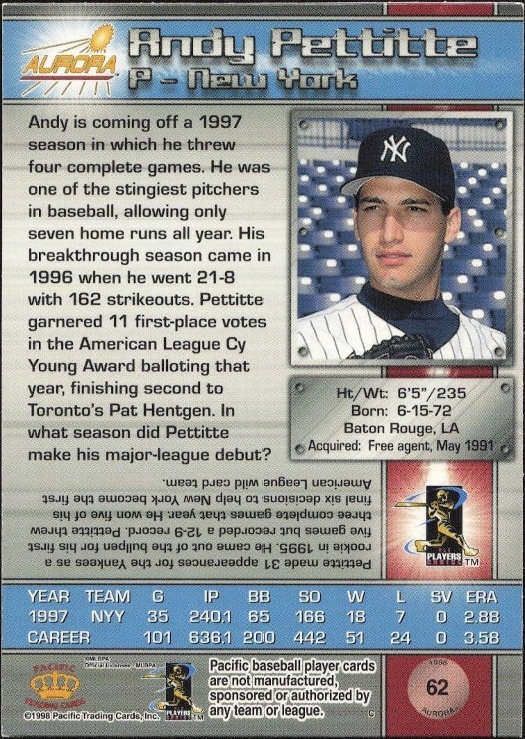 1998 Pacific Aurora Andy Pettitte #62 baseball trading card back