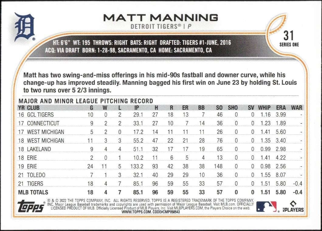 2022 Topps Matt Manning #31 baseball trading card back