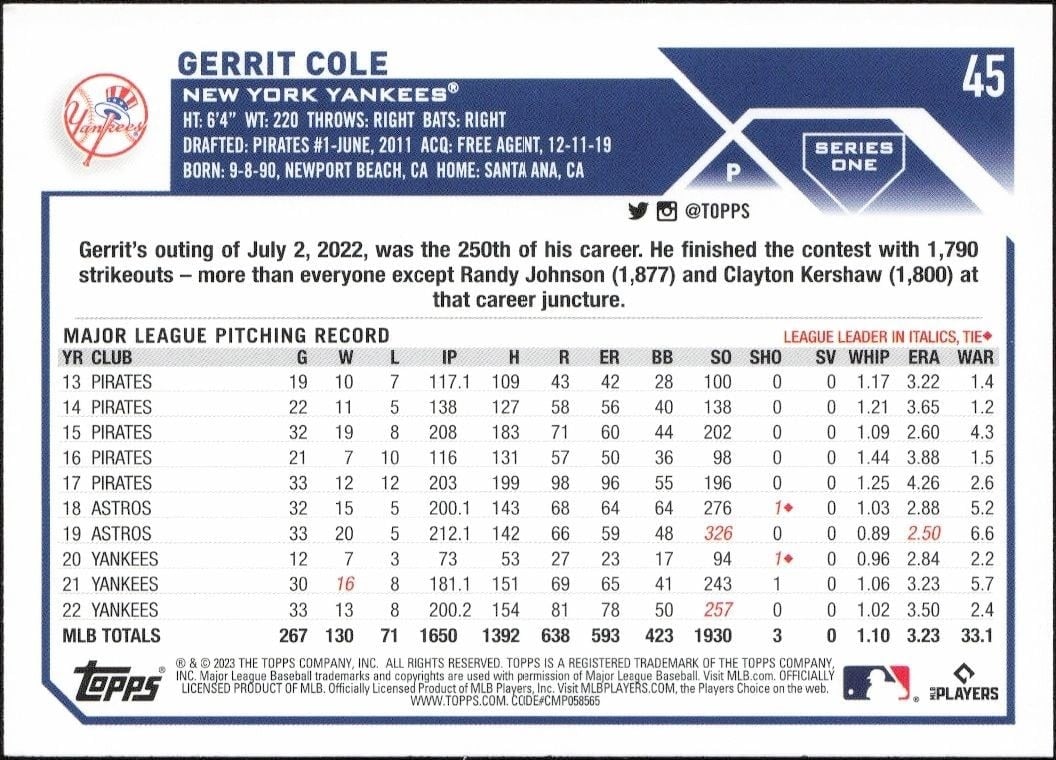 2023 Topps Gerrit Cole #45 baseball trading card back