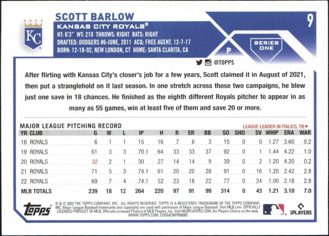 2023 Topps Scott Barlow #9 baseball trading card back