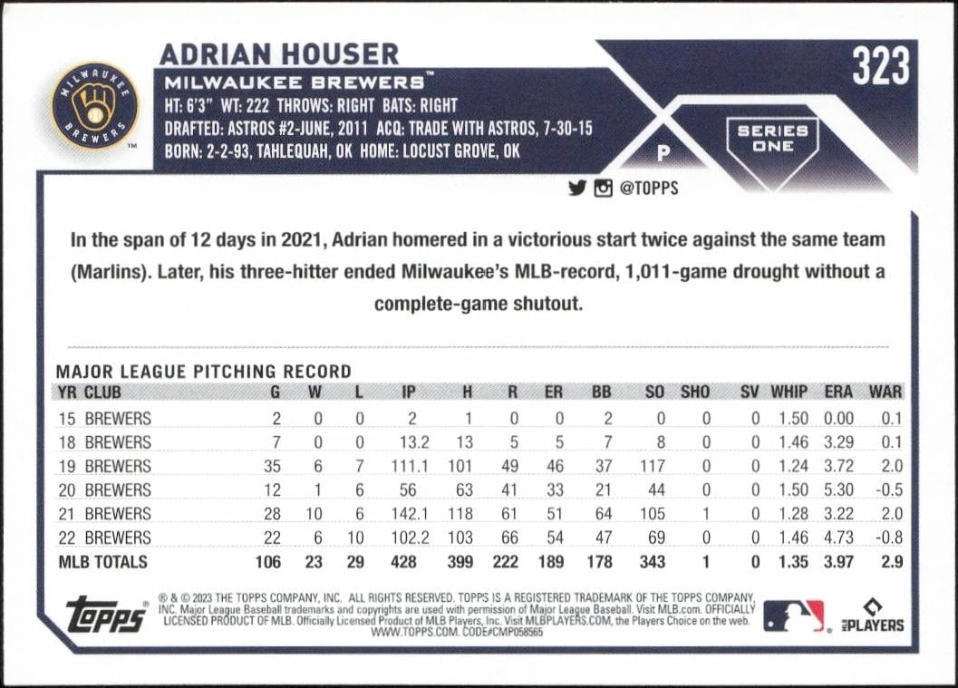 2023 Topps Adrian Houser #323 baseball trading card back