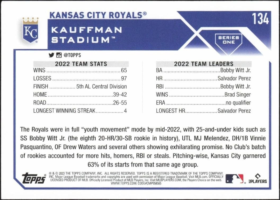 2023 Topps Kansas City Royals #134 baseball trading card back