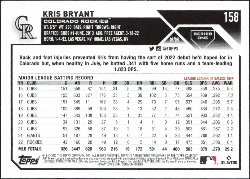2023 Topps Kris Bryant #158 baseball trading card back