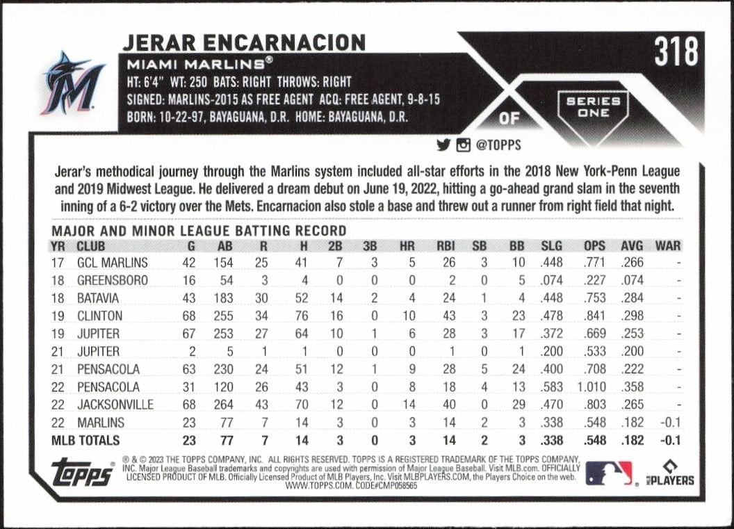 2023 Topps Jerar Encarnacion #318 baseball trading card back