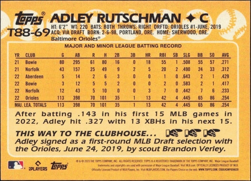 2023 Topps Adley Rutschman #T88-69 baseball trading card back