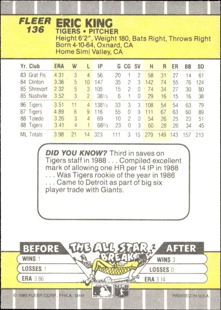 1989 Fleer Eric King #136 baseball trading card back