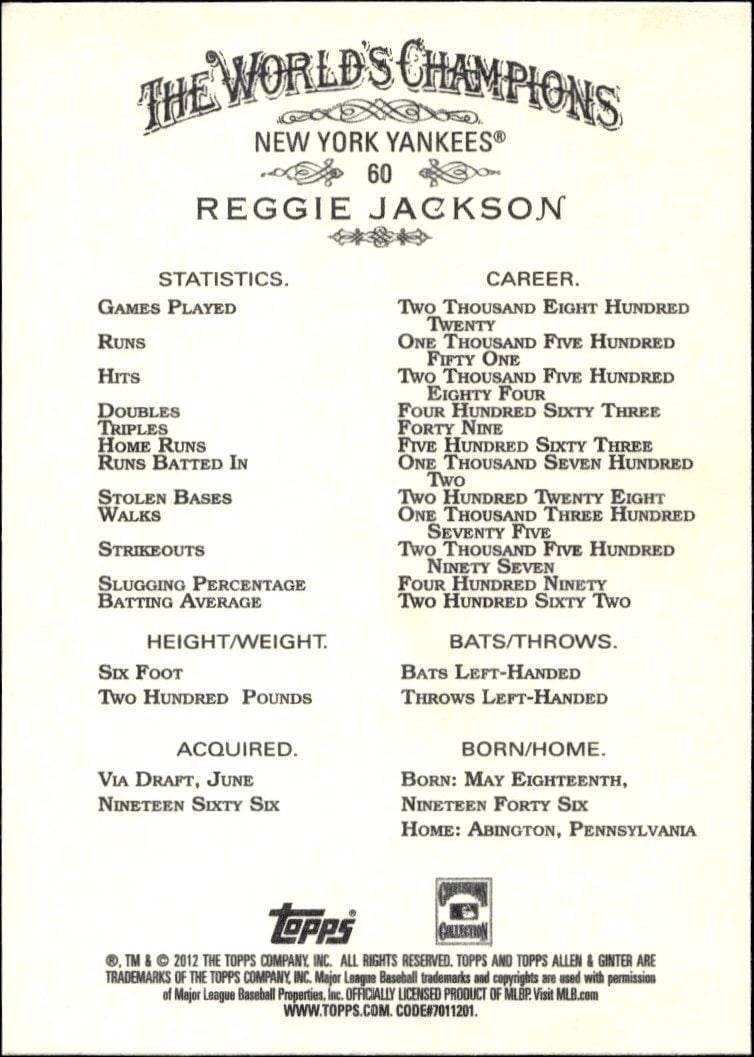 2012 Topps Allen & Ginter Reggie Jackson #60 baseball trading card back