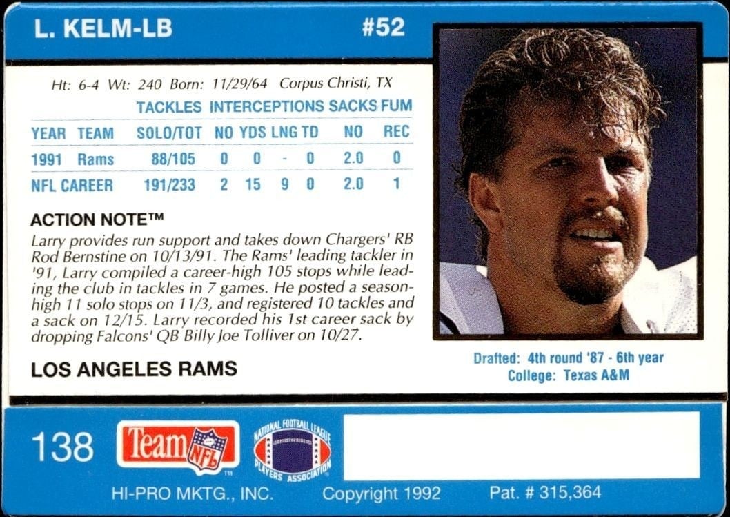 1992 Action Packed Larry Kelm #138 football trading card back