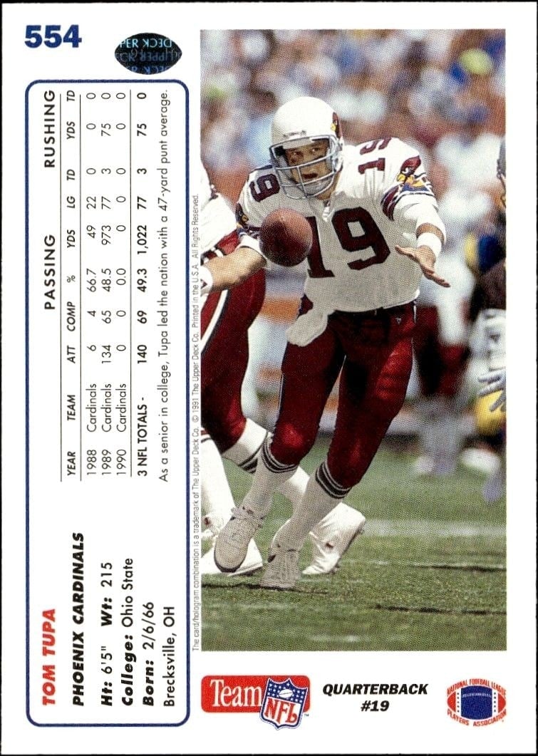 1991 Upper Deck Tom Tupa #554 football trading card back