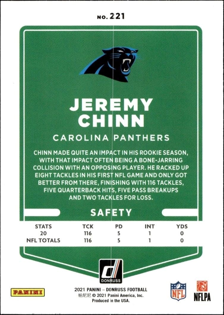 2021 Donruss Jeremy Chinn #221 football trading card back
