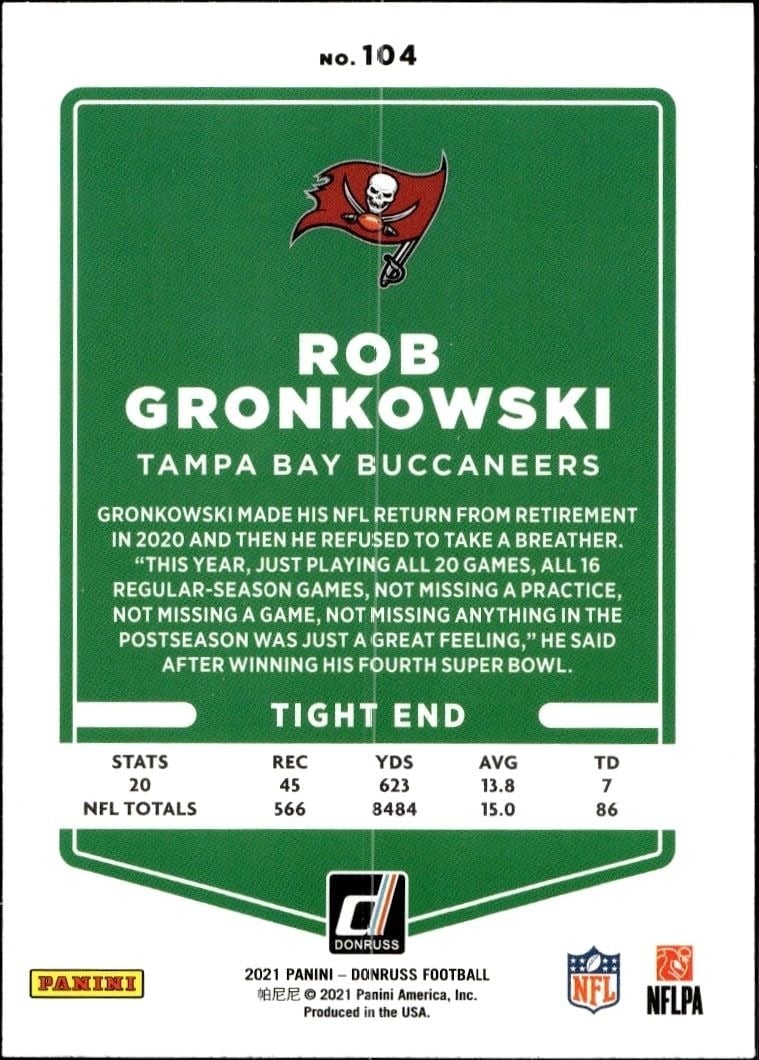2021 Donruss Rob Gronkowski #104 football trading card back