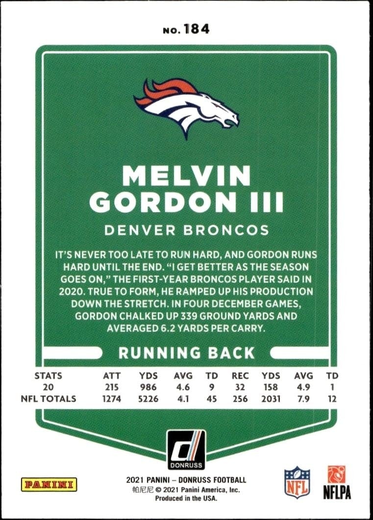 2021 Donruss Melvin Gordon III #184 football trading card back