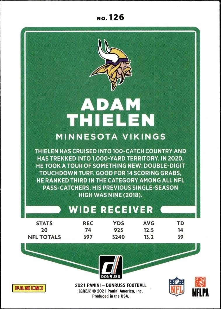 2021 Donruss Adam Thielen #126 football trading card back