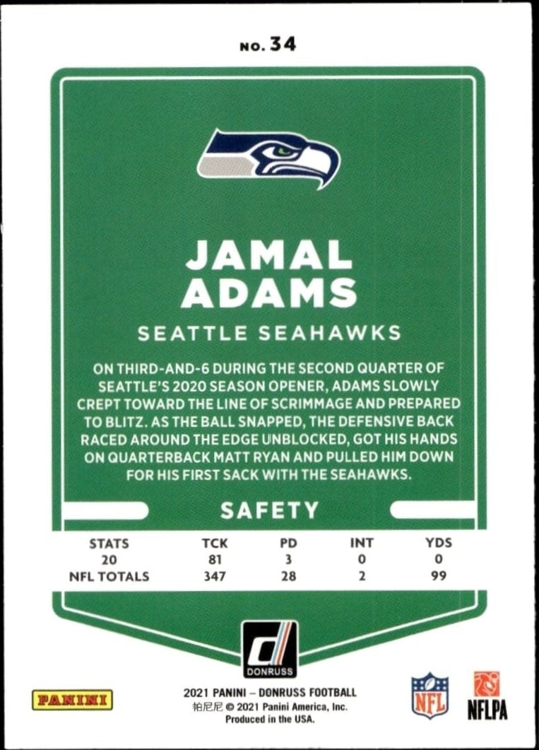 2021 Donruss Jamal Adams #34 football trading card back