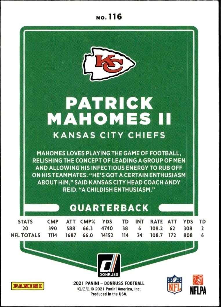 2021 Donruss Patrick Mahomes II #116 football trading card back