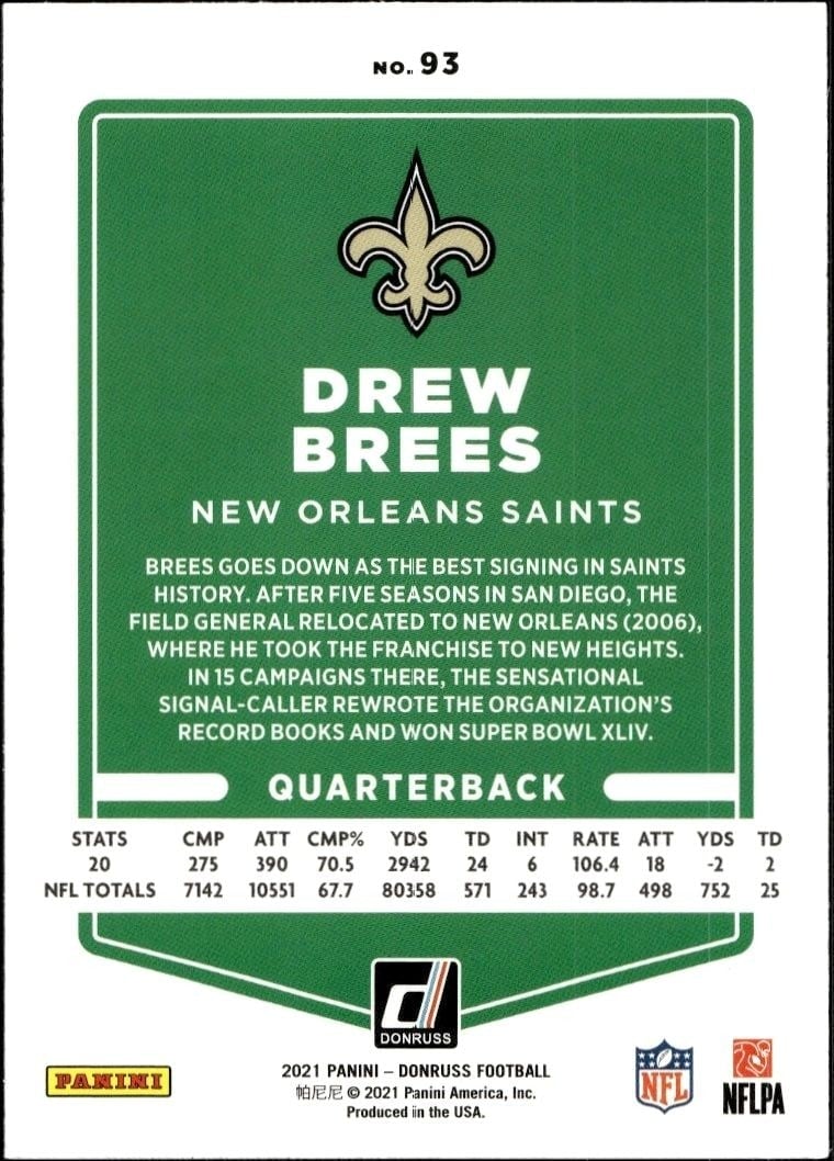 2021 Donruss Drew Brees #93 football trading card back
