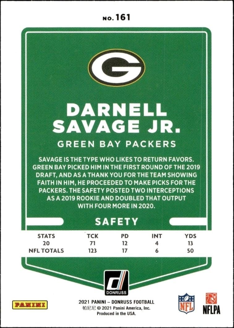 2021 Donruss Darnell Savage Jr. #161 football trading card back