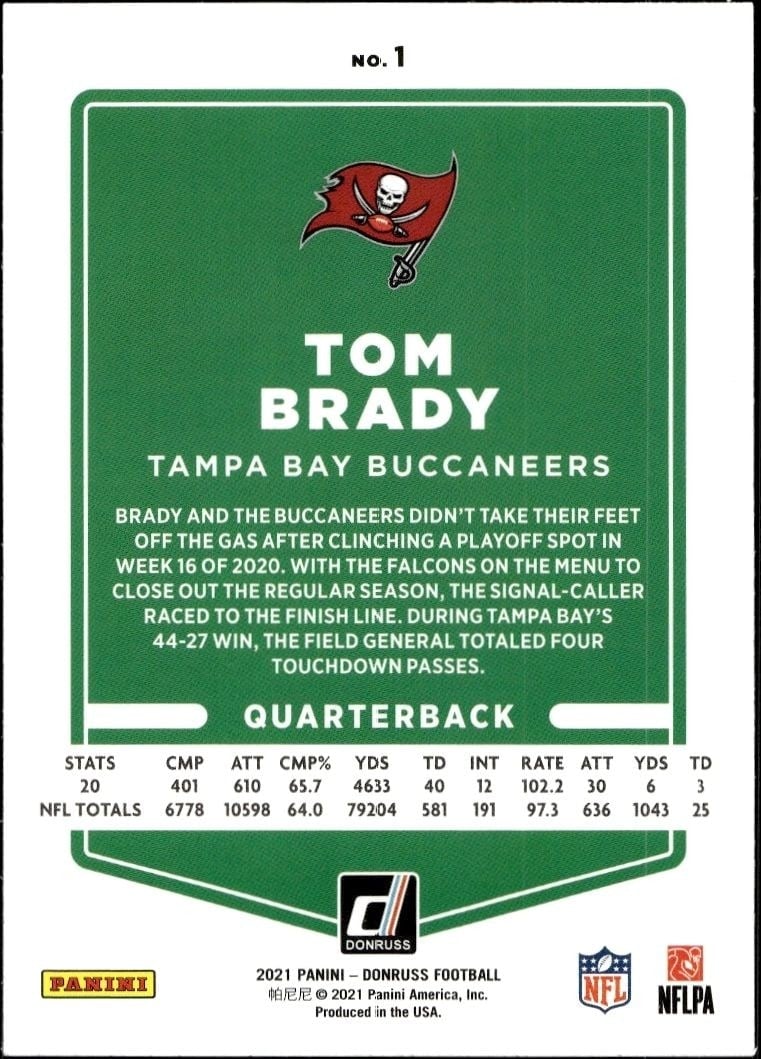 2021 Donruss Tom Brady #1 football trading card back