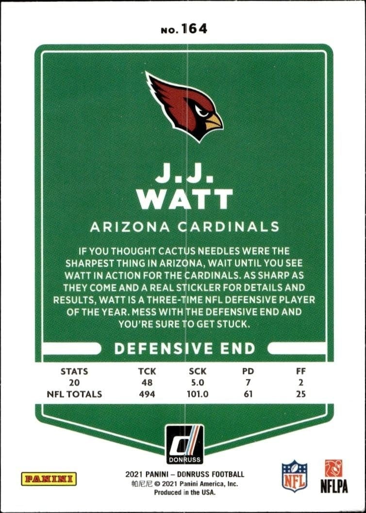 2021 Donruss J.J. Watt #164 football trading card back