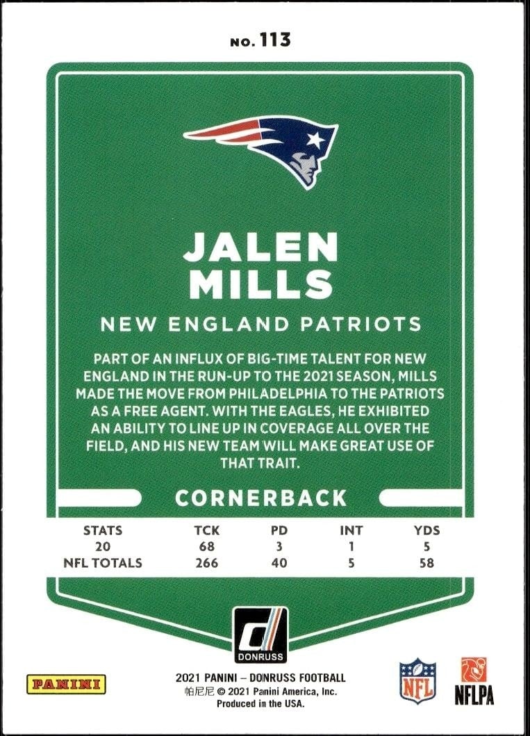2021 Donruss Jalen Mills #113 football trading card back