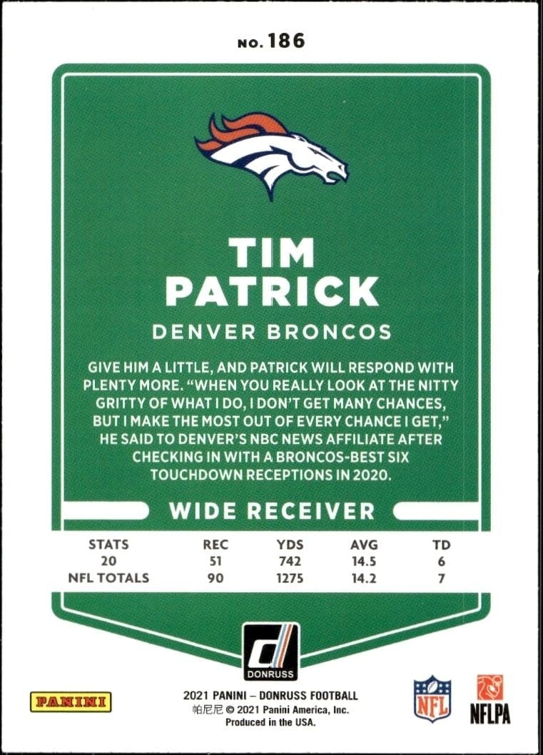 2021 Donruss Tim Patrick #186 football trading card back