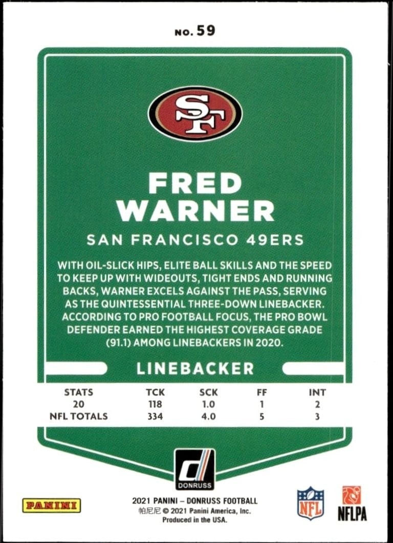 2021 Donruss Fred Warner #59 football trading card back