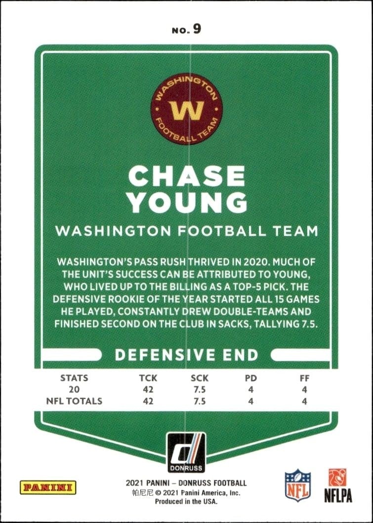 2021 Donruss Chase Young #9 football trading card back