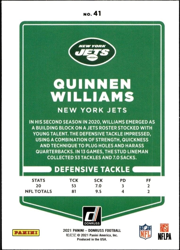 2021 Donruss Quinnen Williams #41 football trading card back