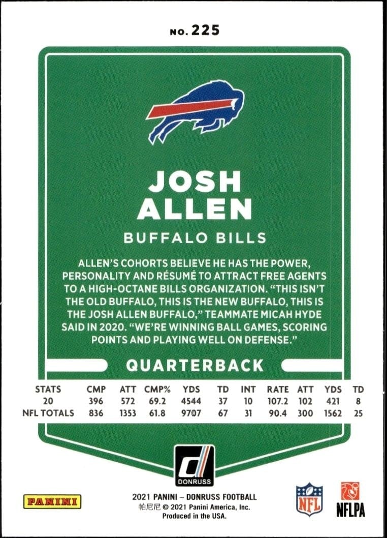 2021 Donruss Josh Allen #225 football trading card back