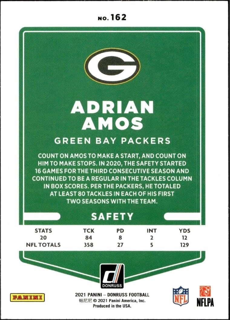 2021 Donruss Adrian Amos #162 football trading card back