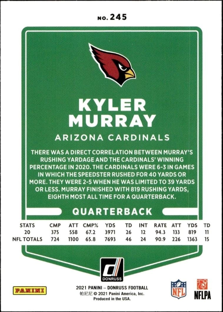 2021 Donruss Kyler Murray #245 football trading card back
