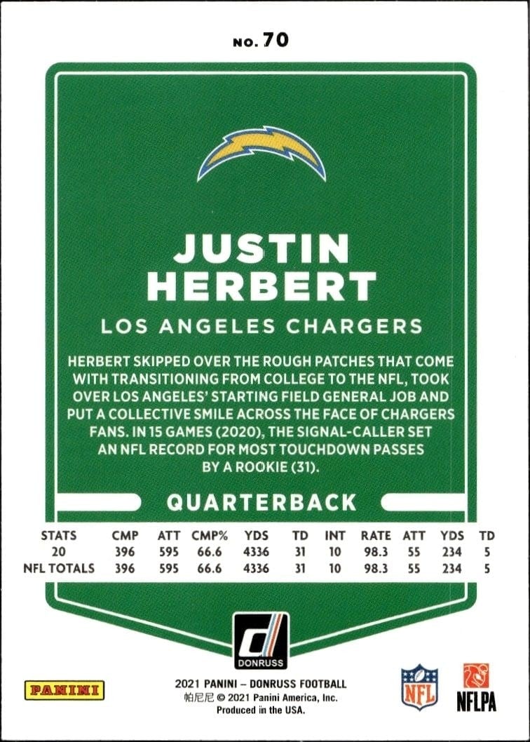 2021 Donruss Justin Herbert #70 football trading card back